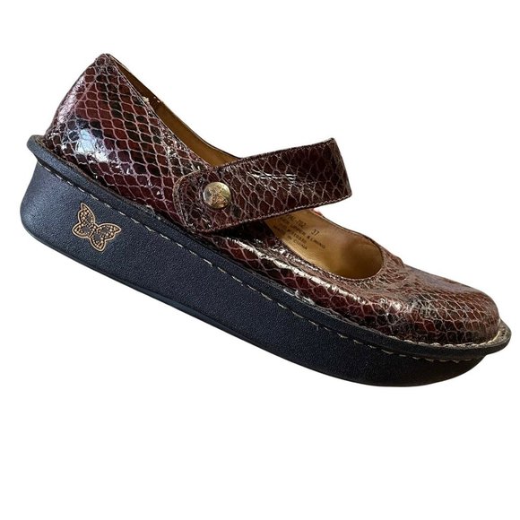 Alegria Shoes - Alegria Paloma PAL-702 Brown Snake Print Mary Jane Leather Clogs Womens 7-7.5